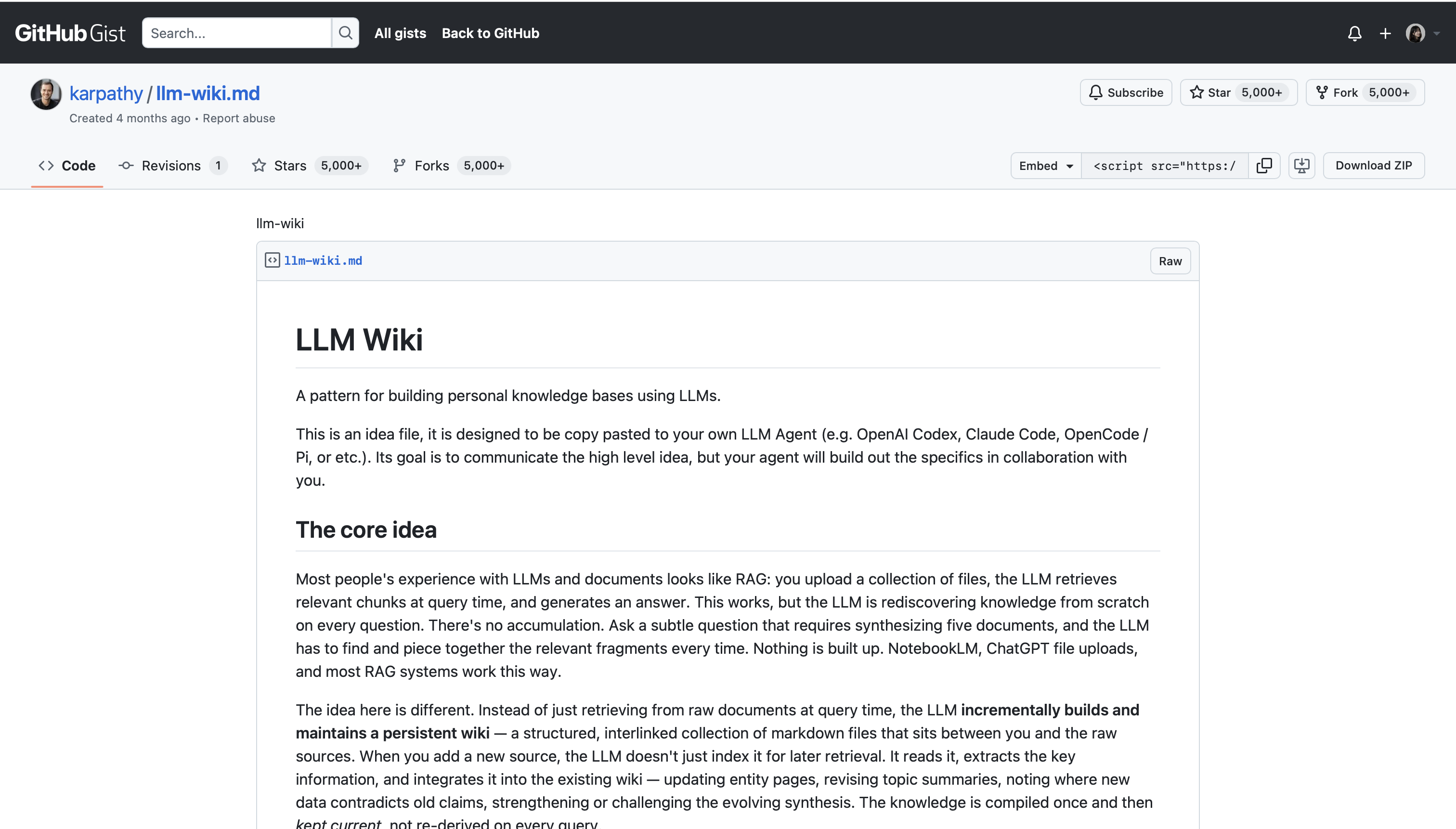 Karpathy의 LLM Wiki 메모 원문